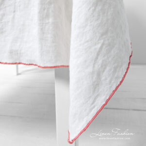 ARVO white linen tablecloth with rosy Babylock stitch border