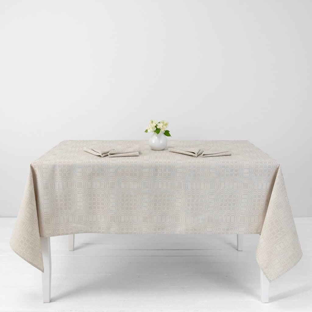 Beige checked linen cotton tablecloth