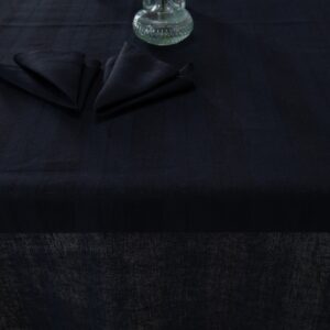 Striped linen tablecloth black-blue colour, dobby and plain weave stripes