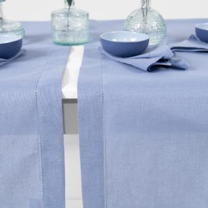 linen cotton light blue runner, border + hemstitch