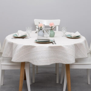 White linen cotton round tablecloth with colourful dashed stripes