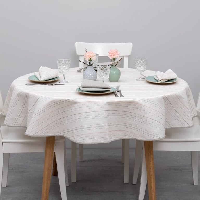 White linen cotton round tablecloth with colourful dashed stripes