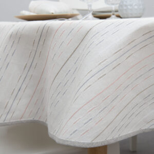 White linen cotton round tablecloth with colourful dashed stripes, grey piping