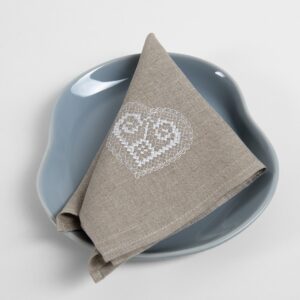Natural linen napkin with white embroidery