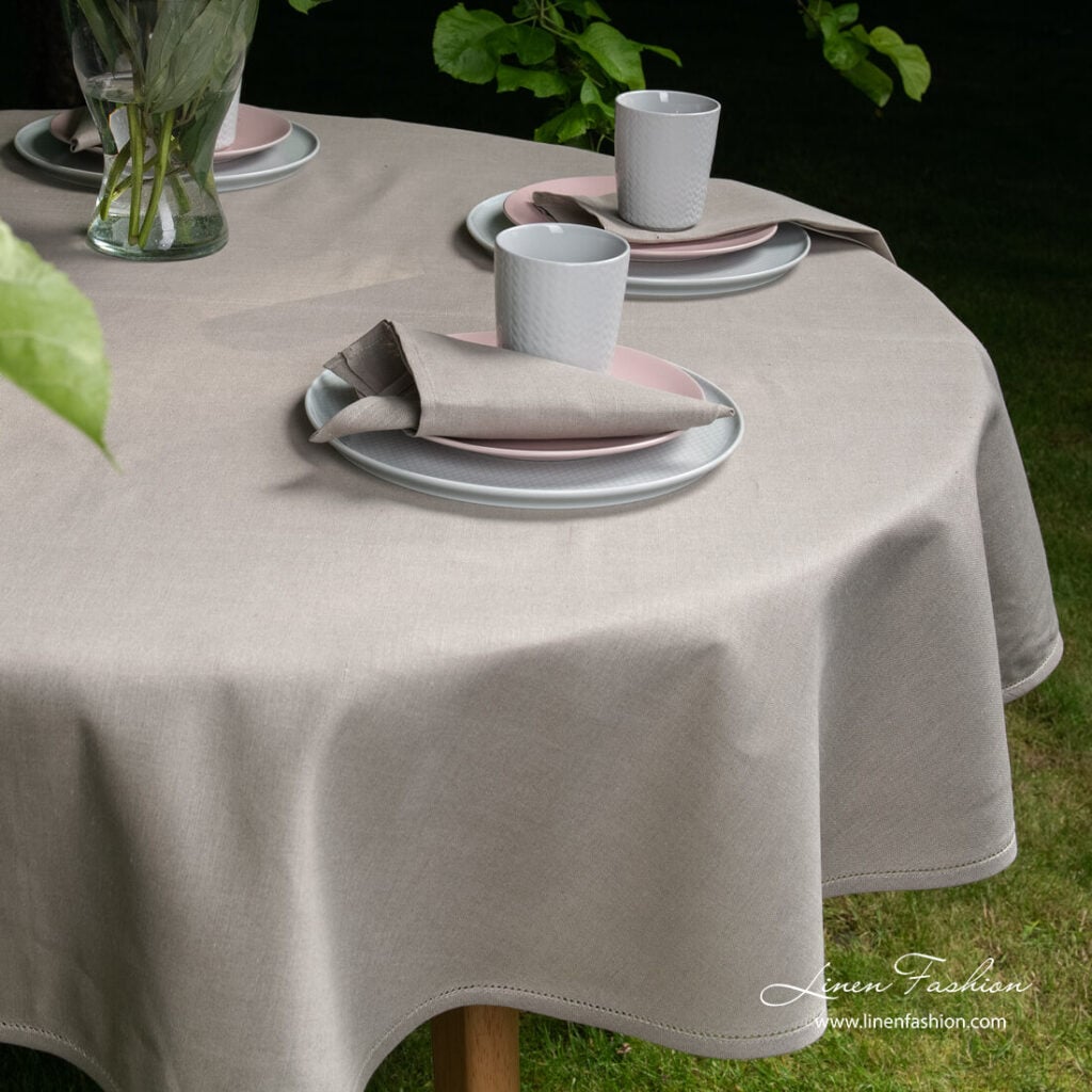 LUNA Duk rund/oval natur 2 Linen cotton dark grey round (oval) tablecloth with hemstitch and matching napkins