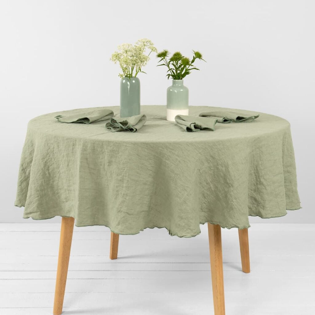 old green linen round tablecloth