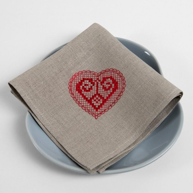 Natural linen napkin with red embroidery