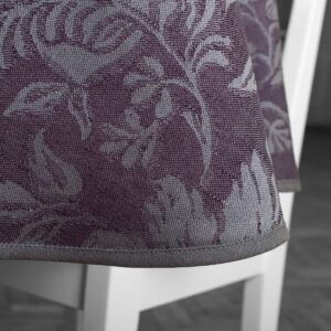 Dark violet floral oval linen cotton tablecloth, piping hem
