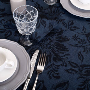 Dark blue floral oval linen cotton tablecloth