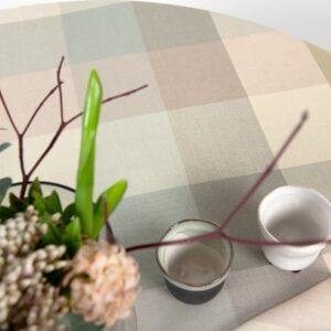 round linen cotton checked green tablecloth in pastel colors