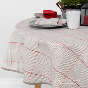 NATA Duk rund/oval grå 11 Round grey checked linen blend tablecloth with red squares