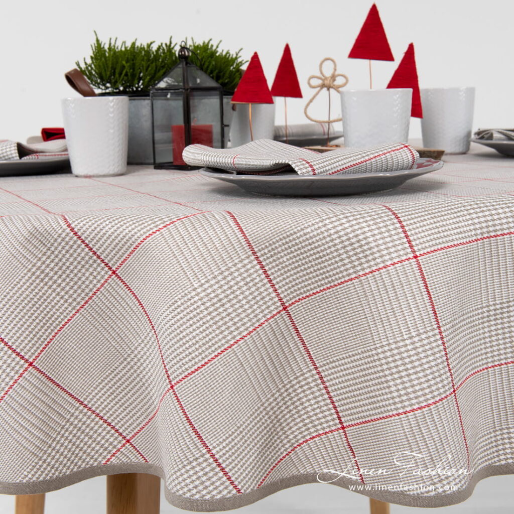 NATA Duk rund/oval grå 2 Round linen cotton grey check tablecloth with large red squares
