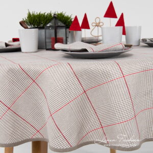 NATA Duk rund/oval grå 10 Round linen cotton grey check tablecloth with large red squares