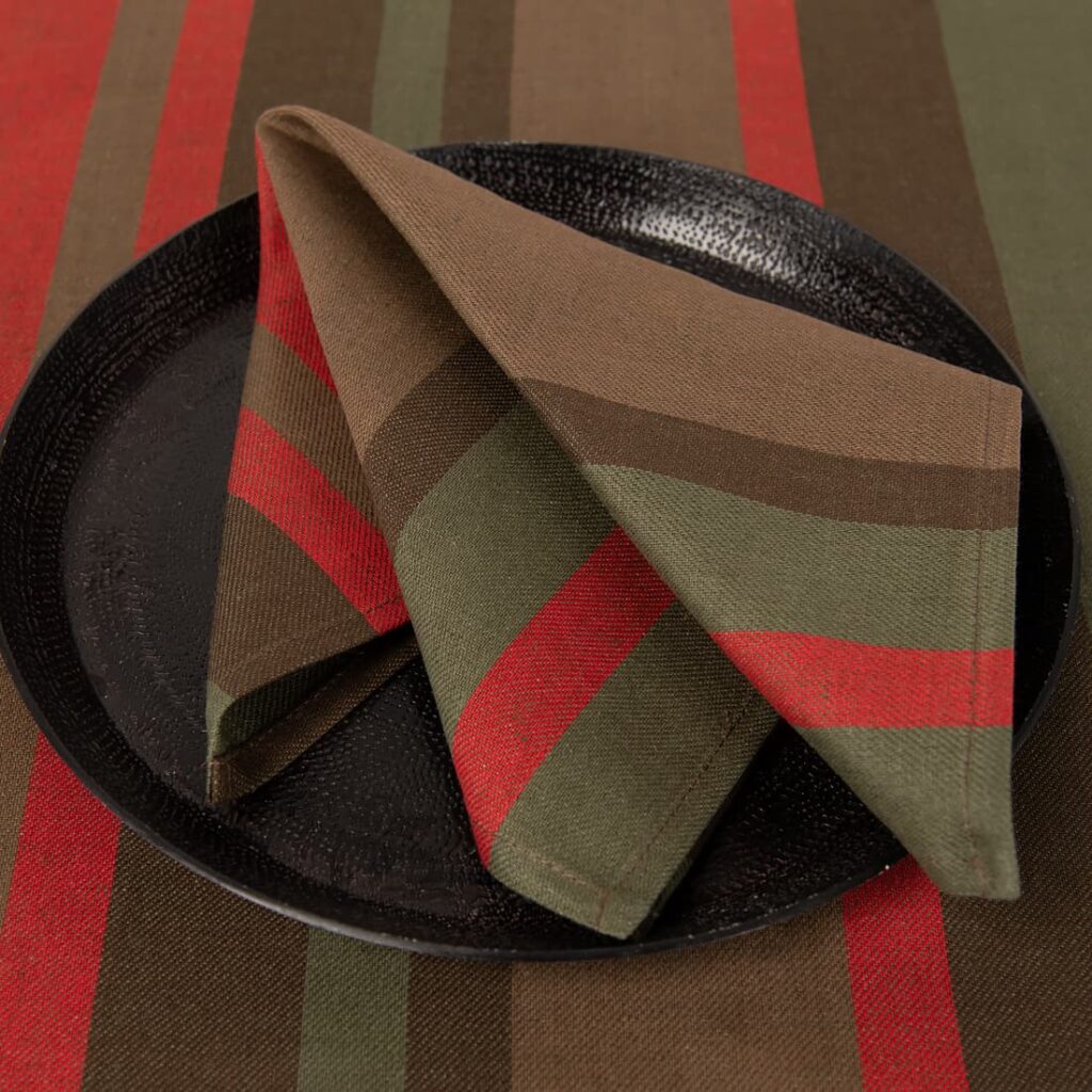 linen cotton red brown striped napkin.