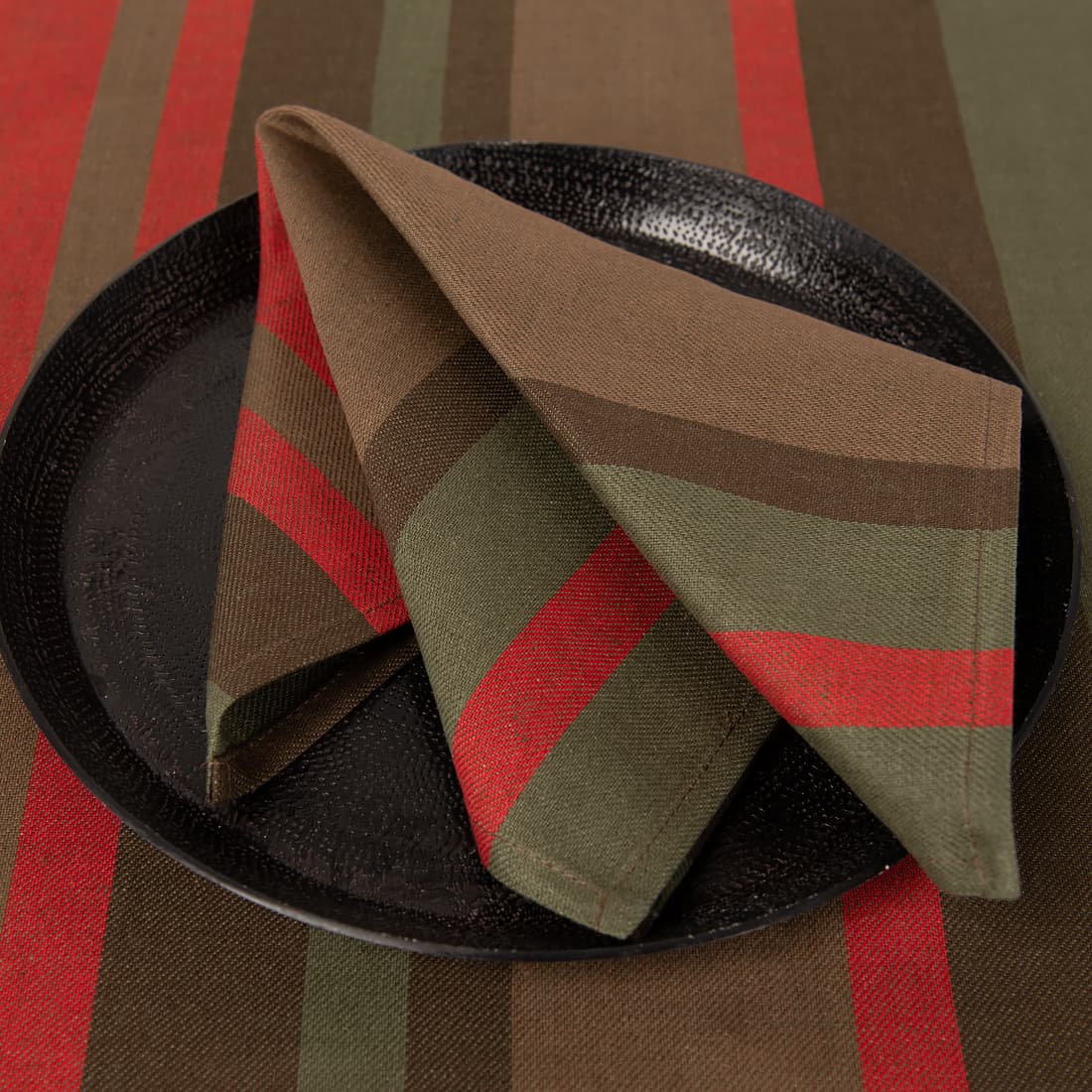 linen cotton red brown striped napkin.
