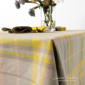 Linen grey-yellow checked tablecloth