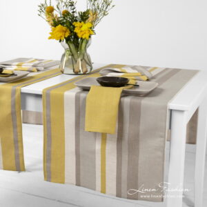 Linen cotton runner in stripes yellow gery.