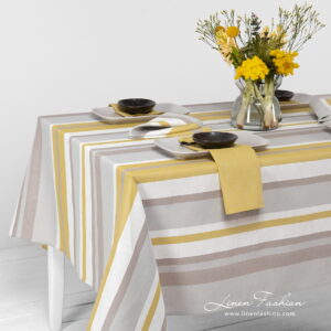 Linen cotton tablecloth in stripes yellow grey.