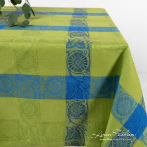 Linen cotton Jacquard tablecloth green blue.