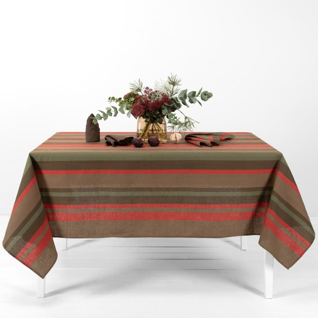 striped linen cotton red brown tablecloth.