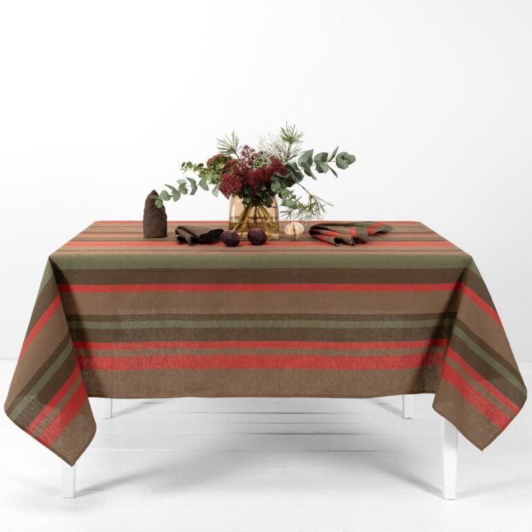 striped linen cotton red brown tablecloth.