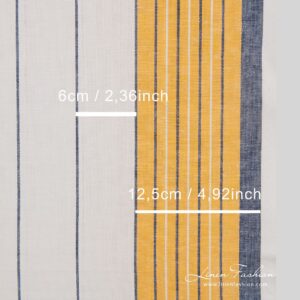 White linen cotton fabric in yellow blue stripes