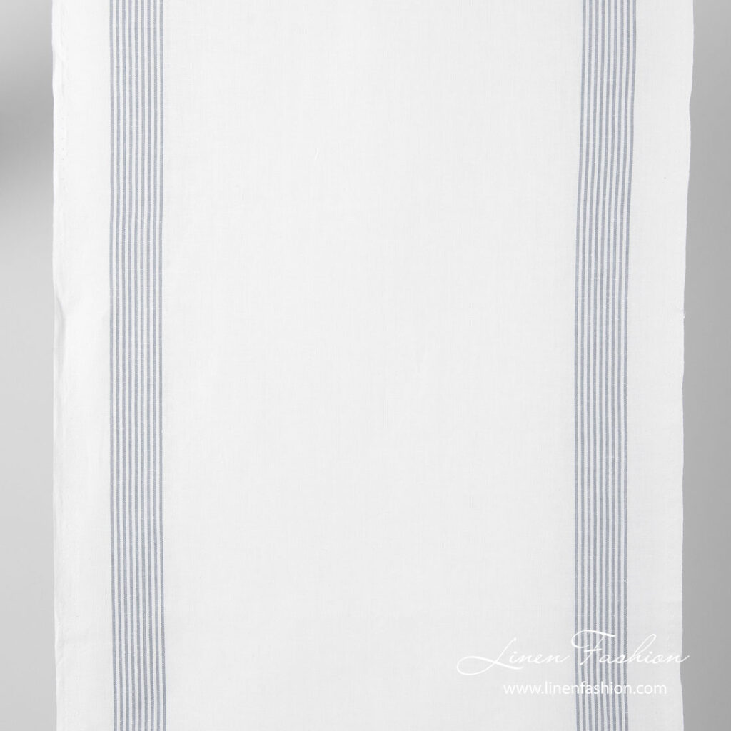 White narrow linen blend fabric with grey stripes