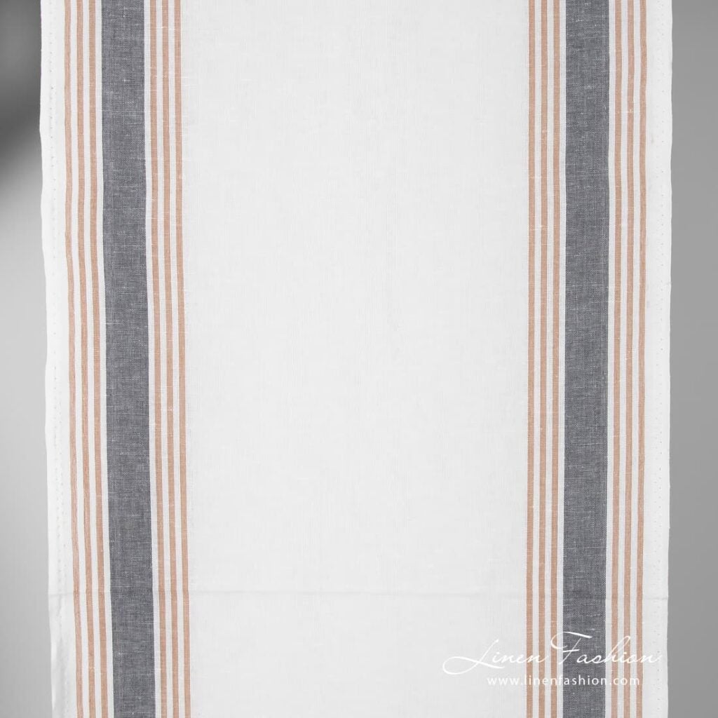 Off white linen cotton fabric with grey stripes.