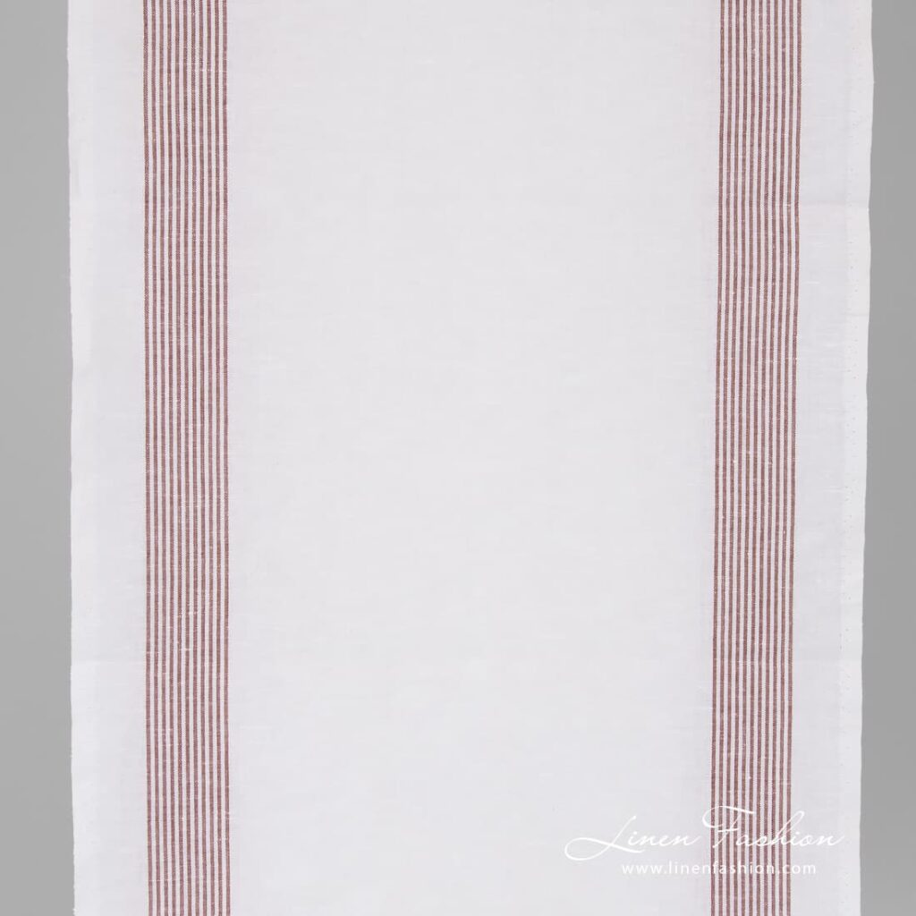 White narrow linen cotton fabric with thin brown stripes.