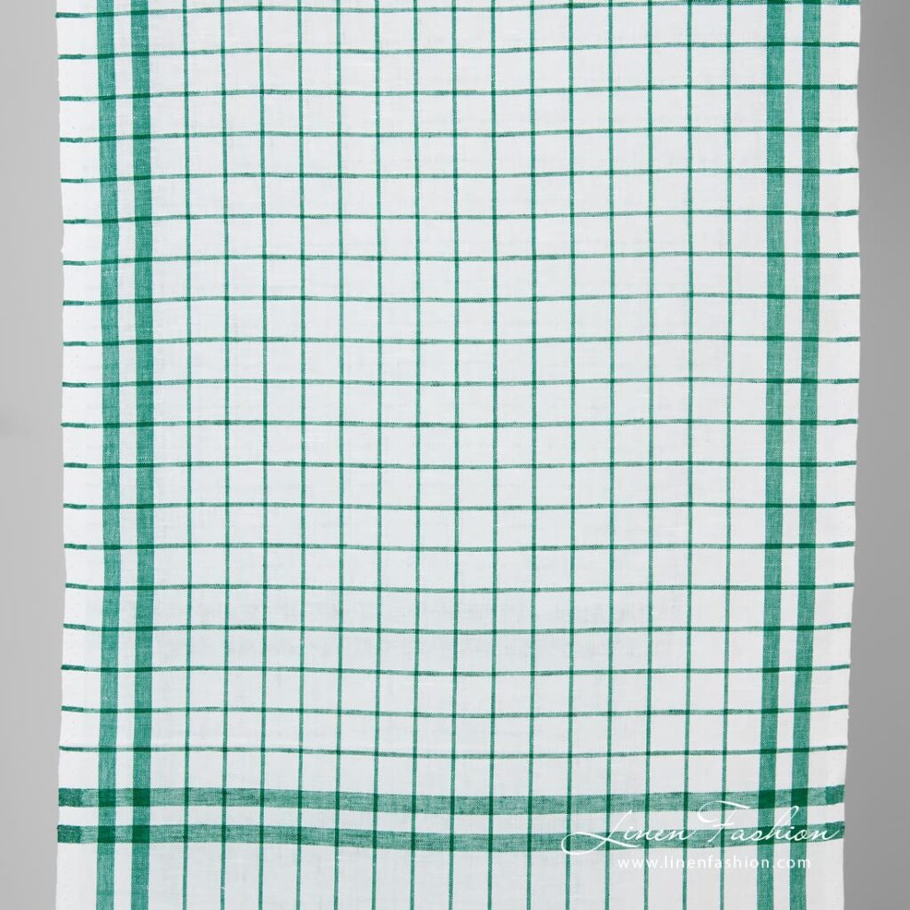 White linen cotton fabric in green checks