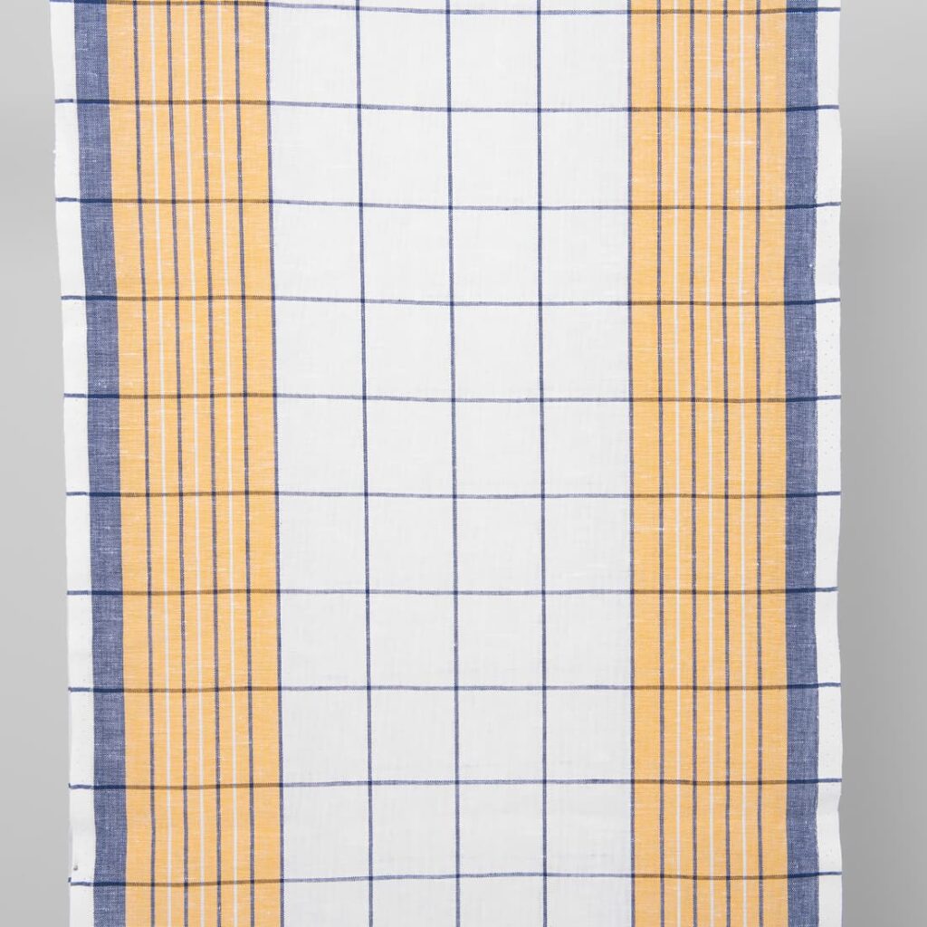 narrow linen cotton fabric white yellow blue checks.