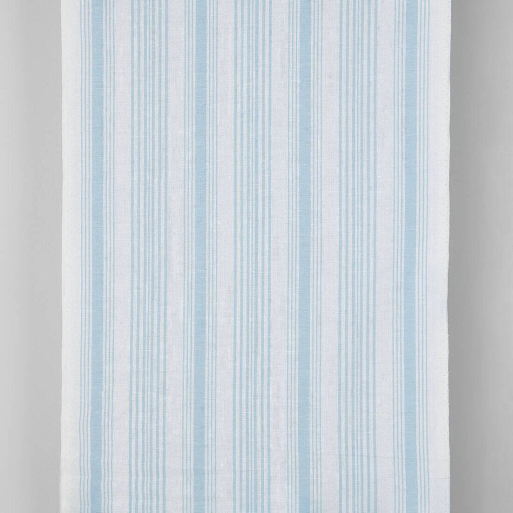Narrow linen cotton fabric white with light blue stripes