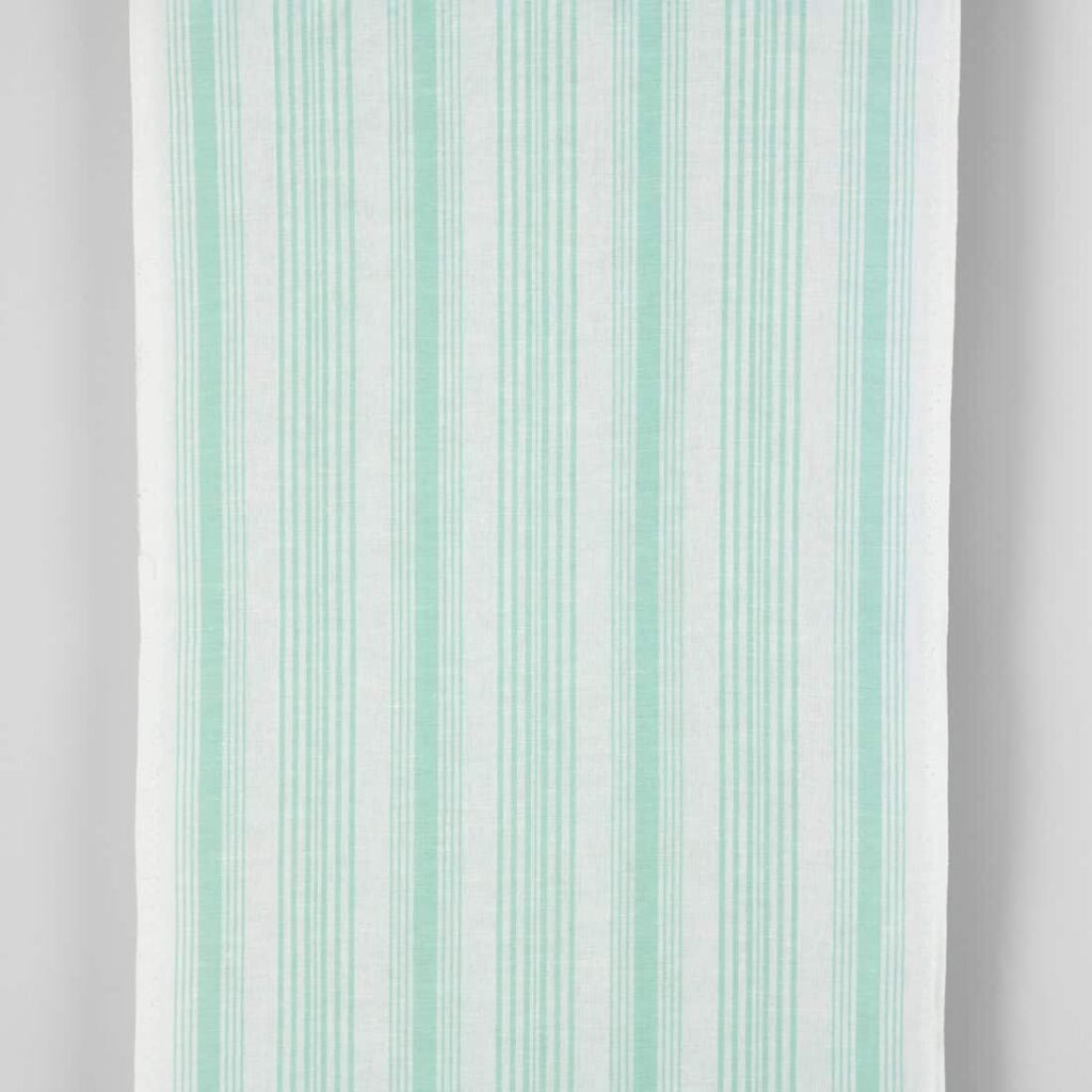 Narrow linen cotton fabric white with mint green stripes