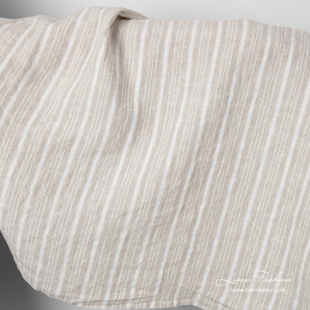 Natural linen fabric with white and flax color stripes