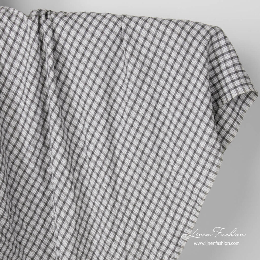 Pure linen dark grey check fabric, washed