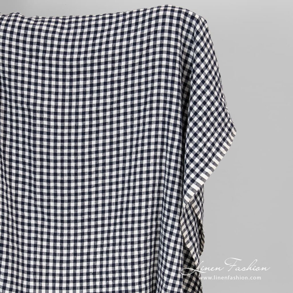 Linen fabric navy gingham checks, washed.