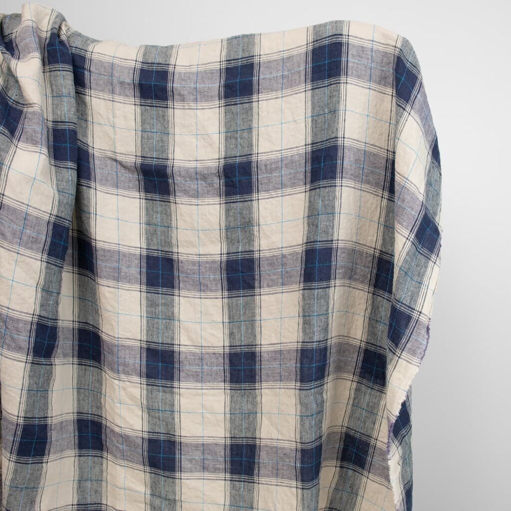 linen washed fabric in blue checks