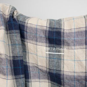 linen washed fabric in blue checks with beige , sand