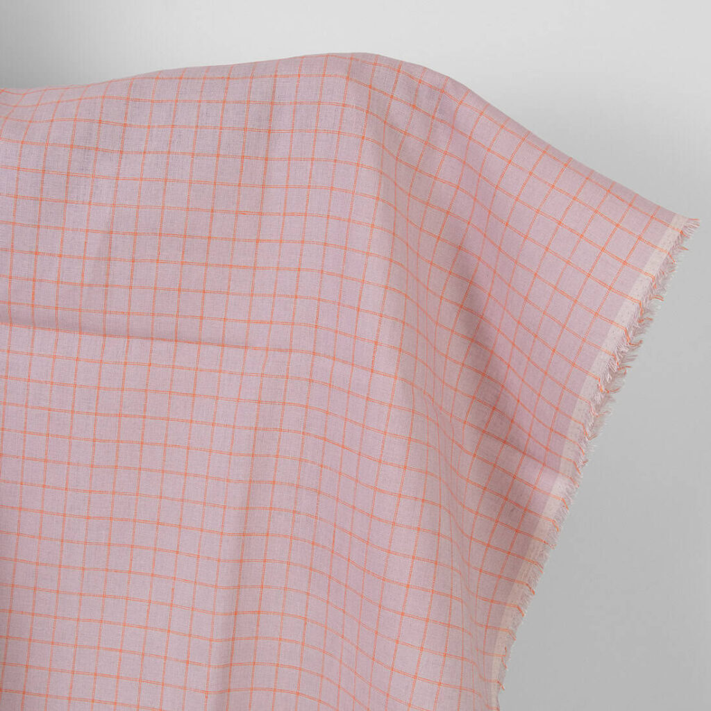 Linen fabric lilac with orange checks