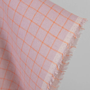 Linen fabric lilac with orange checks, pure linen