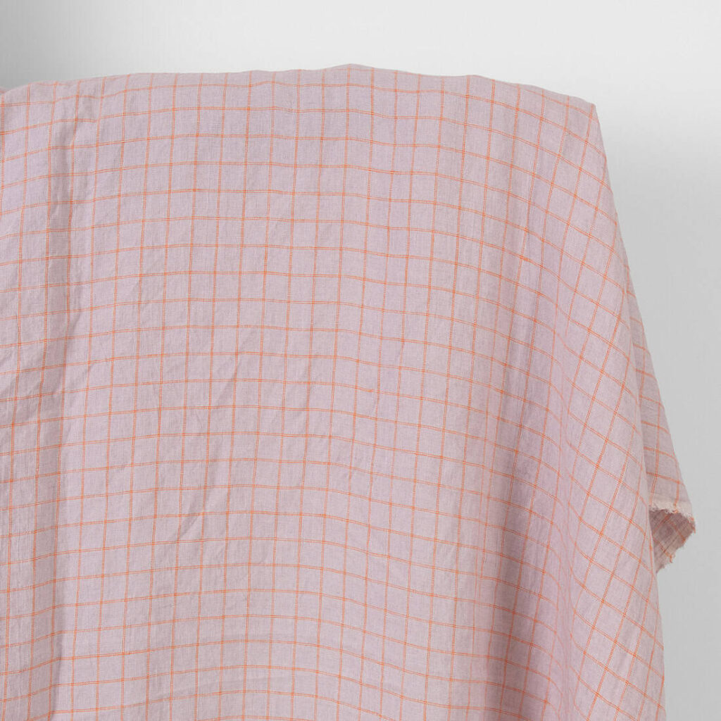 Washed linen fabric lilac with orange checks