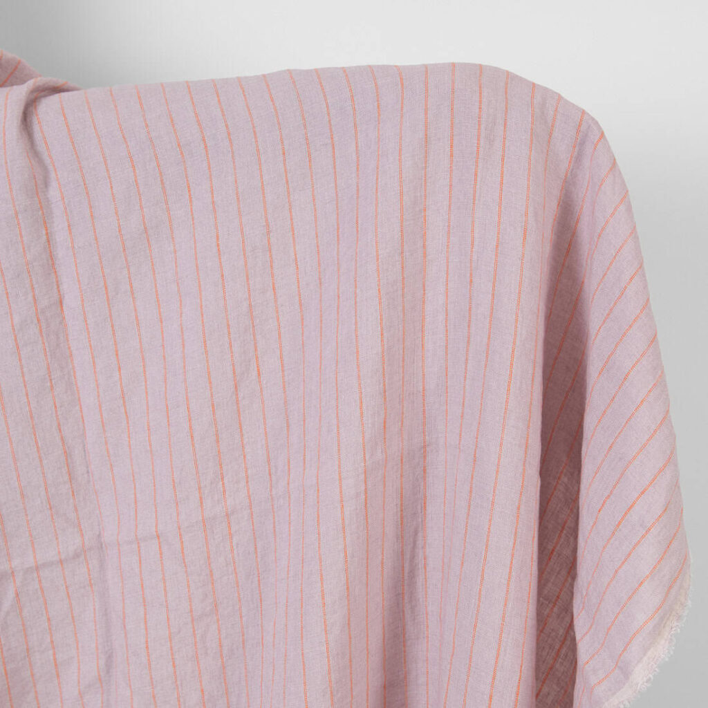 Washed linen fabric lilac with orange stripes