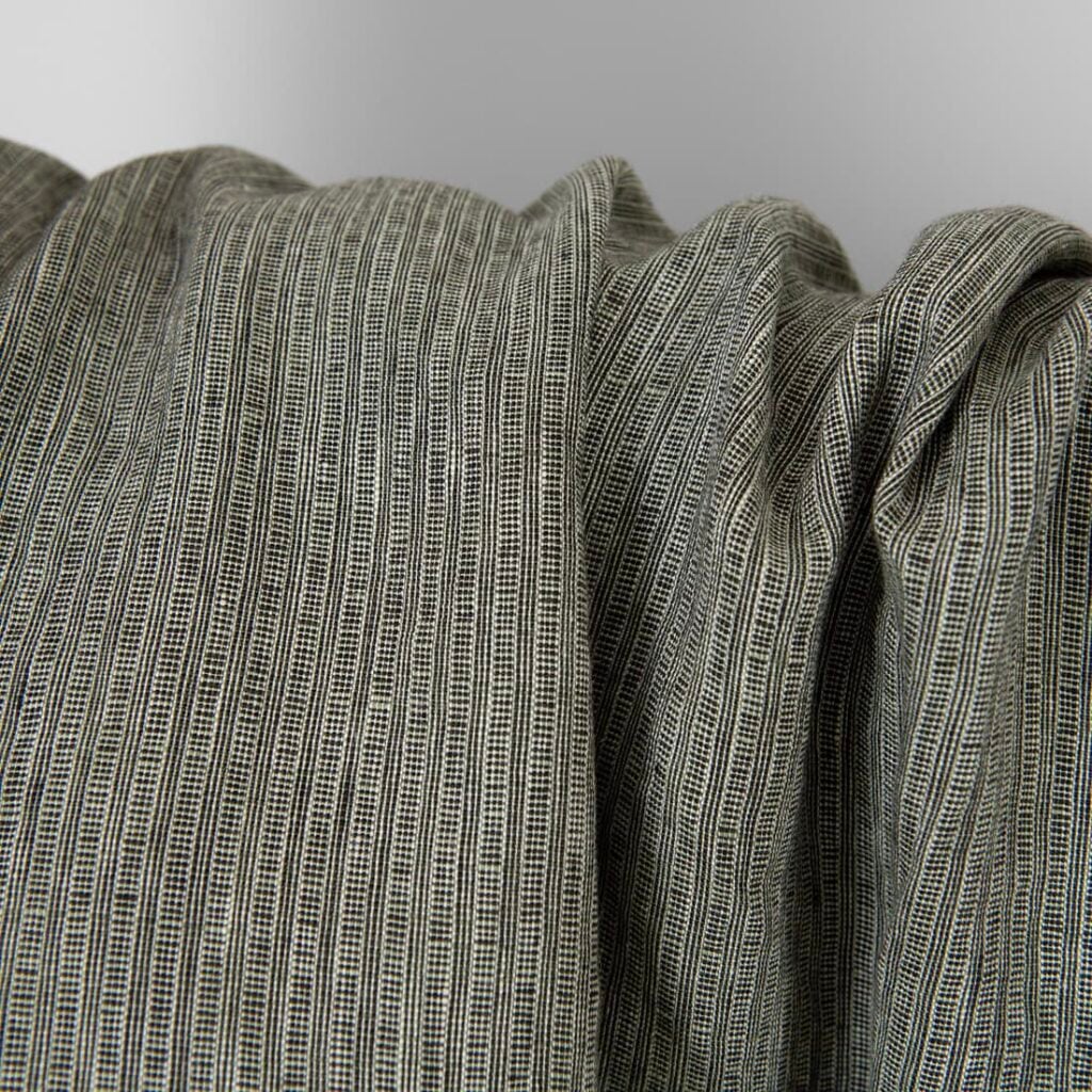 Washed linen fabric green-black small striped pattern, dobby