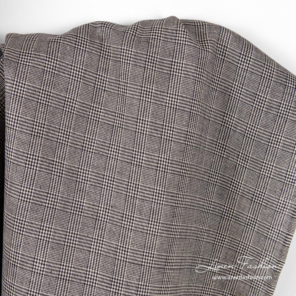 Linen fabric for clothing in black natural checks