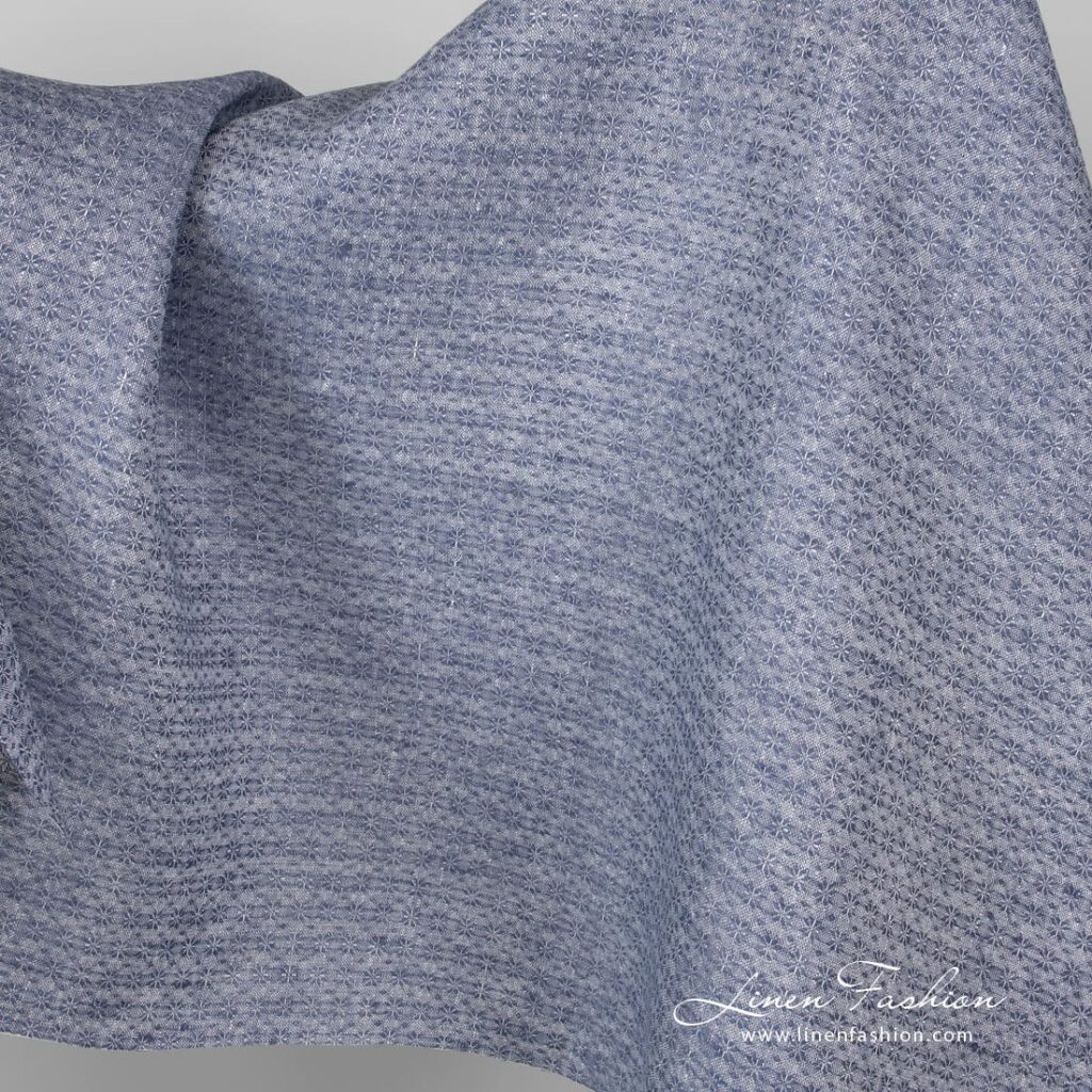 Blue linen fabric with flowers