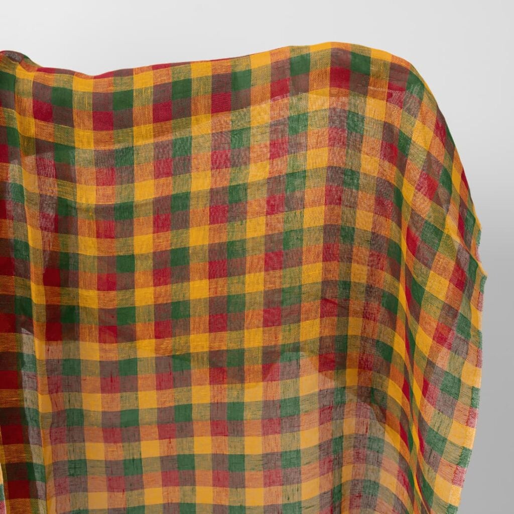 Yellow, green and red checked linen fabric