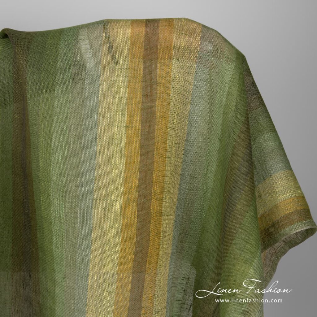 Gjennomsiktig grønt linstoff i striper 2 Light linen fabric with colourful stripes