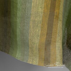 Gjennomsiktig grønt linstoff i striper 8 Lightweight linen fabric with uneven green, yellow, orange, grey, brown stripes
