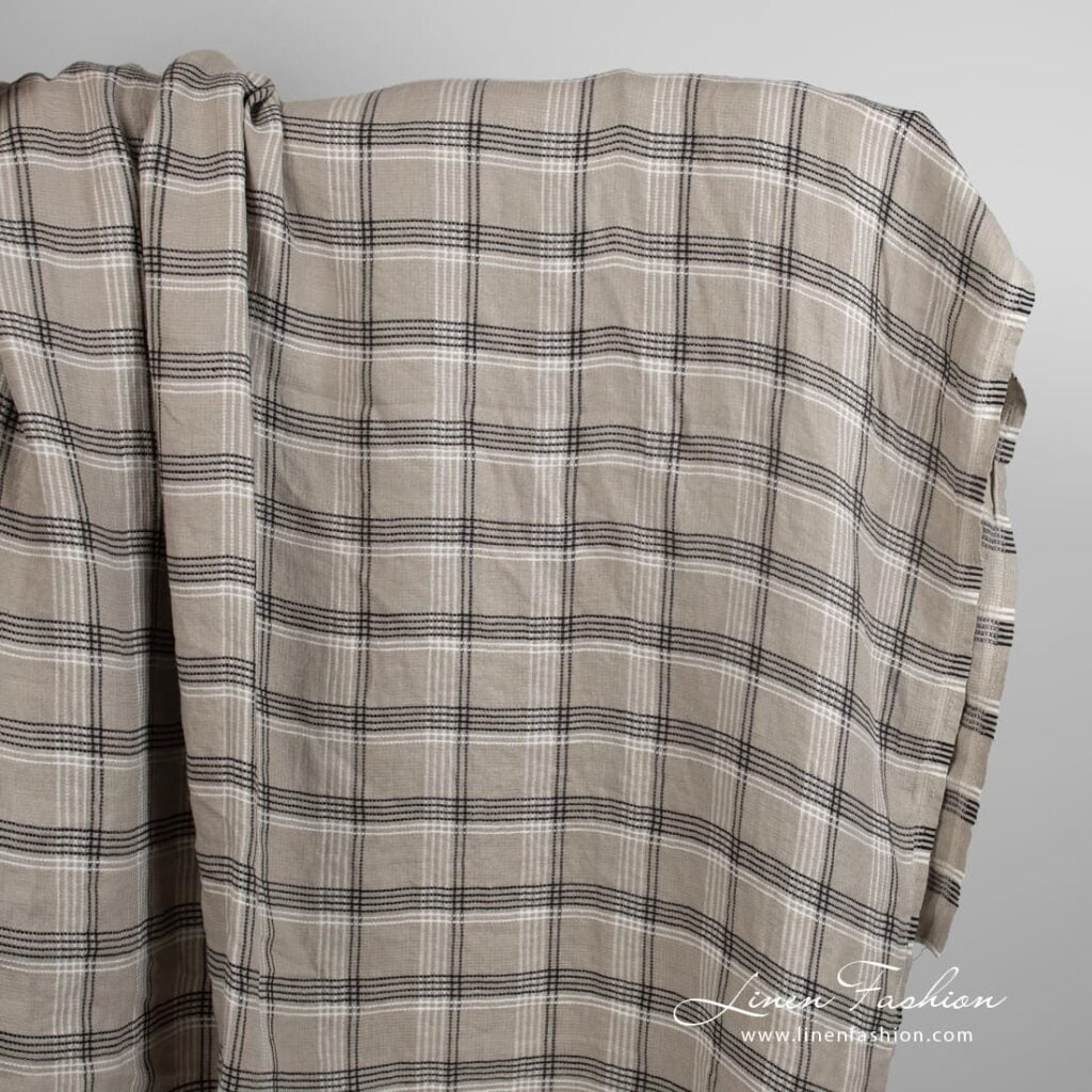 Grey brown linen fabric in checks