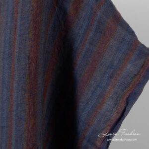 Washed linen fabric with grey, blue, brown stripes